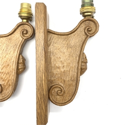 'Mouseman' pair carved oak wall sconces with mouse signature, scrolled decoration on chamfered rectangular mounts, with fittings, by Robert Thompson of Kilburn, H23cm