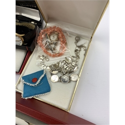 Silver necklaces and a pair of cuff links all stamped or hallmarked, 9ct gold ladies wristwatch on gilt strap, Coral necklace, collection of wristwatches including Seiko, Casio, Summit and Texet together with a collection of vintage and later costume jewellery to include