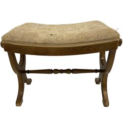 Regency design stool; small carved hardwood stool with spiral turned supports, mahogany footstool with tapestry top amd compressed bun feet (3)