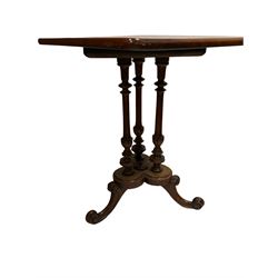 Mahogany occasional table, the rectangular top, raised on turned and reeded columns, leading into three splayed and scrolled supports