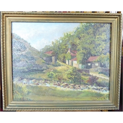  Harold Pye (Fylingdales Group 20th century): 'The Cottages Darnholme Goathland', oil on canvas signed 40cm x 50cm and Korognai J(Hungarian 1950-): On the Riverside, oil on board signed, titled verso 28cm x 38cm (2)  