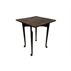 George III mahogany handkerchief corner table, gate-leg drop-leaf top with hinged lid enclosing compartment, raised on cabriole supports with pad feet 