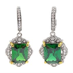 Pair of silver green stone and cubic zirconia cluster pendant stud earrings, stamped 925 