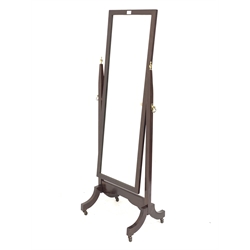 Late 20th century mahogany cheval mirror, tapered mirror supports with brass finials, outsplayed supports on castors, W57cm (including handles), H156cm