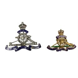 Royal Artillery 9ct gold and enamel sweetheart brooch, together with a white metal and enamel paste set example (2)