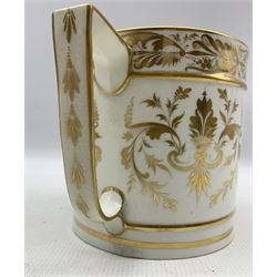 Early 19th century Derby porter mug painted with a panel of fruit with gilded scrolls and foliage and angular handle, red mark circa 1820, H14cm