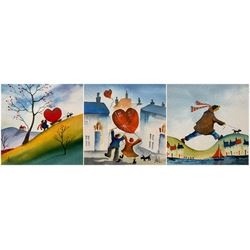 Circle of Mackenzie Thorpe (British 1956-): Love and Walking the Dog, set three watercolours signed AN, 13cm x 13cm (3)