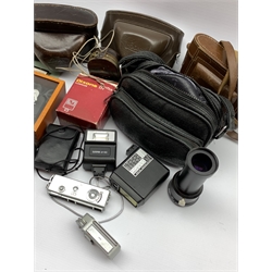 'Minox' miniature digital camera, Pentax auto 110 camera with 'Pentax-110 1:2.8 50mm' lens, Leica-Meter M, two empty Leica camera cases, Gilbert box camera and other similar items