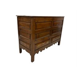 Georgian oak mule chest, the hinged lifting lid and two drawers over shaped apron, raised on stile supports 