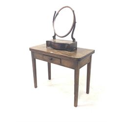 19th century mahogany fold over tea table, with single frieze drawer, raised on square tapered supports, (W92cm) together with a 19th century toilet swing mirror 