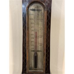 Victorian inlaid rosewood barometer, thermometer and hydrometer in banjo pattern case with silvered registers H95cm