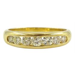 18ct gold channel set seven stone round brilliant cut diamond ring, stamped 750, total diamond weight approx 0.50 carat
