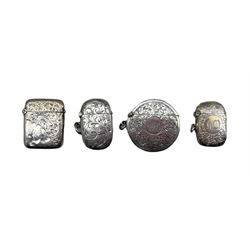 Engraved silver circular vesta case Birmingham 1913 and three small engraved silver vesta cases (4)