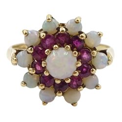 9ct gold opal and ruby cluster ring