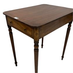 George III inlaid mahogany side table, rounded rectangular top with satinwood band over two end drawers, on turned supports, the corners inlaid with floral oval panels