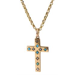 Edwardian rose gold turquoise and seed pearl cross pendant necklace by Gourdel Vales & Co, stamped 9ct, on 14ct gold belcher link necklace