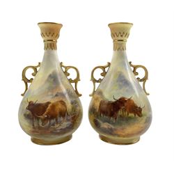 Pair of Royal Worcester porcelain twin handled vases circa 1909, each hand painted with Highland cattle, signed H. Stinton, shape number 995 H15cm 