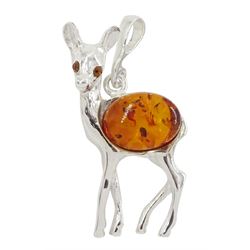 Silver Baltic amber deer pendant, stamped 925 