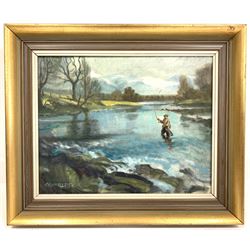 E Charles (British contemporary): Loch Fishing, oil on board signed 38cm x 48cm