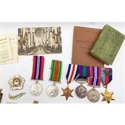 Group of four medals to Pte William Jackson East Yorkshire Regt No. 14786993 comprising France and Germany Star, 1939-45 Star, War Medal and General Service Medal with Palestine 1945-48 bar together with his Service and Pay book, photographs etc and a George VI War medal,Victory medal and brass plaque 'W/60228, D Cornick A.T.S./R. Signals' possibly a family member, ATS badge etc