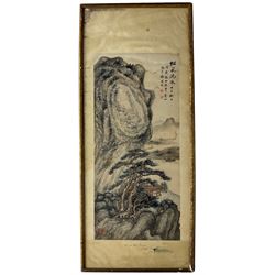 Chinese School (19th century): Mountainous Landscape with Ancient Tree, watercolour inscribed and signed with artists seal 67cm x 31cm