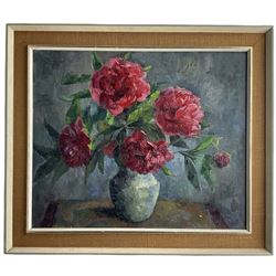 M Williams (British 20th century): Still Life of Roses in a Vase, oil on board signed 50cm x 60cm