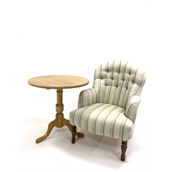 Victorian style armchair, upholstered in striped linen, raised on beech turned front supports, (W64cm) together with a light beech occasional table, circular top raised on triple splay supports (D65cm)