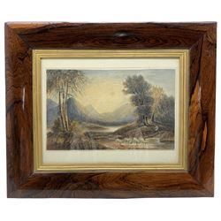 English School (19th century): Highland Shepherd and Sheep, watercolour unsigned, housed in rosewood frame 20cm x 31cm