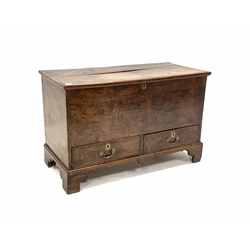Late 19th century oak mule chest, the hinged lid over two drawers, raised on shaped bracket supports, W111cm