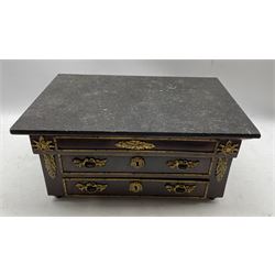 Continental mahogany table top trinket chest with two long drawers and a fitted writing drawer, gilt metal mounts and marble top, L48.5cm, D32cm, H23cm 