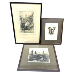 Suze De Lint (Dutch 1878-1953): Bridge, etching signed and numbered 20/50; David Gee (British 20th century): Portrait of a Terrier, etching signed; Featherstone Robson (British 1880-1936): 'Castle Garth and Cathedral Newcastle on Tyne, etching signed and dated; max 14cm x 18cm (3)
