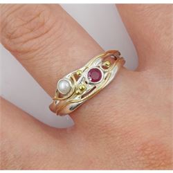 Silver and 14ct gold wire ruby and pearl ring, stamped 925 