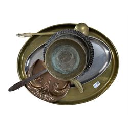 Oval brass tray by Joseph Sankey L55cm, Art Nouveau copper crumb scoop and brush by Beldray, brass saucepan and three other items