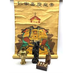 Chinese soapstone carving with figures and deer, Chinese scroll and three other Oriental items