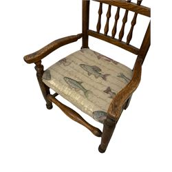 19th century elm Lancashire spindle back chair with upholstered seat (W54cm); 19th century high ladder back chair with rush seat; 19th century oak elbow chair with high seat; beech spindle back chair (4) 