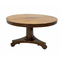 Victorian mahogany circular breakfast table, the tilt top raised on a turned column and trefoil base, with feet and castors, D123cm, H73cm