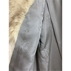 Lady's arctic fox fur coat with dark grey silk embroidered lining, together with arctic fox fur hat L83cm