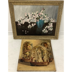 S Atkinson, still life oil on canvas of a vase of flowering prunus,  60cm x 75cm and an unframed oil on canvas of figures and flowers under glass domes, 65cm x 57cm