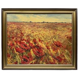 E M Jones (British mid-20th century): Wheat Fields with Poppies, two oils on canvas signed max 55cm x 70cm (2)