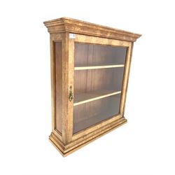 Figured elm wall hanging cabinet, with bevel edge glazed door enclosing two shelves W73cm, H79cm, D21cm