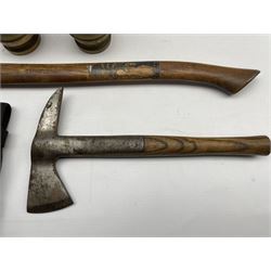 Two fireman's axes, one by Elwell with 2 1/2 inch edge, the other by Morris & Sons, John Morris & Sons Ltd Salford 5/8 size brass hose and another by Elgon marked Morris Trademark Coupling. Provenance: Passed down from Joseph Rowntree Fire Department in the late 1930's