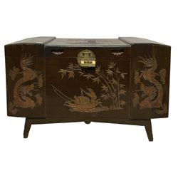 Early to mid-20th century Singaporean hardwood chest, with carved dragon and traditional boat scenes, with brass lock 