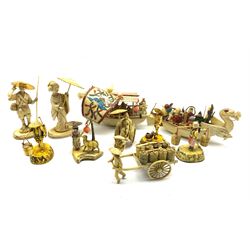 Collection of ten Chinese simulated ivory composition figures including two junks L20cm, rickshaw etc 