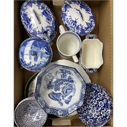 Pair of blue and white sauce tureens with covers and stands, 19th century Ironstone blue and white two handled mug and other items