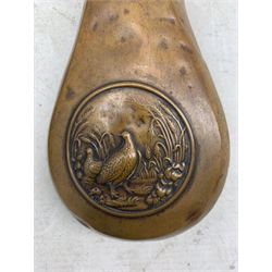 Dixon & Sons Patent copper and brass mounted powder flask with embossed panel of a hunter and gundog, a similar flask embossed with Pheasants, another with Gamebirds in a woodland setting and with three others decorated with Hunting scenes, three lacking nozzles, L20cm max (6) 