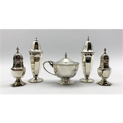 Silver three piece condiment set of tapering panel sided design Sheffield 1935 and 1937 Maker Viners and a pair of small silver pepperettes Birmingham 1906 6.4oz