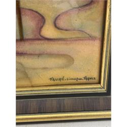 Camille Fauré (French 1874-1956): Limoges rectangular enamelled plaque 'The Pink Flamingos', signed and labelled, 30cm x 12cm framed
