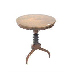 Victorian mahogany pedestal table, with circular over shaped apron, raised on turned column and inverted triple splay supports, D61cm, H74