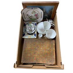 Set of four Wedgwood Countryware large teacups and saucers, Copeland Spode Pheasant pattern miniature teapot and milk jug, other pieces in the same pattern, The Empress of China Franklin Porcelain plaque, Dolls tea set in case etc in one box