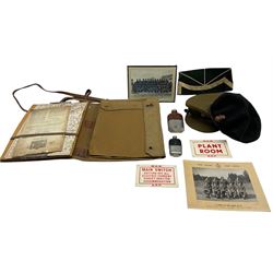 Military cap and beret with Yorkshire Hussars cap badges, folding canvas map case, photograph of Mons Officer Cadet School, Aldershot 1949, two hip flasks etc